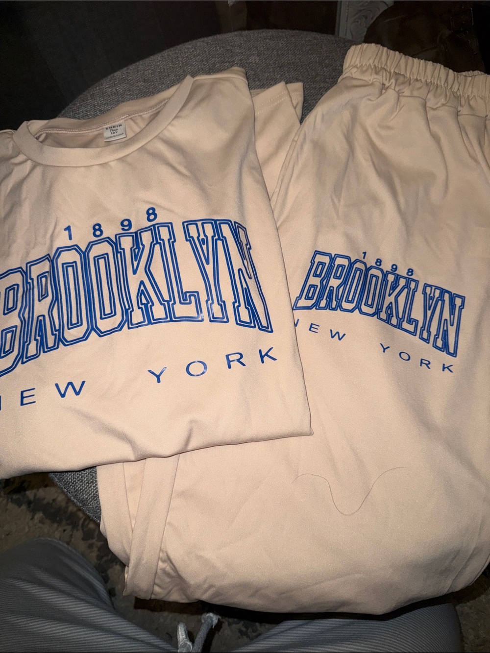 Brooklyn Graphic T shirt & Jogger Set in Light Beige w/ blue lettering